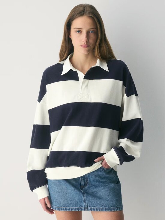 Aritzia Tops - TNA Mighty Cotton Lomu Polo Longsleeve - Limited Edition Colour Lt Birch/Admiral